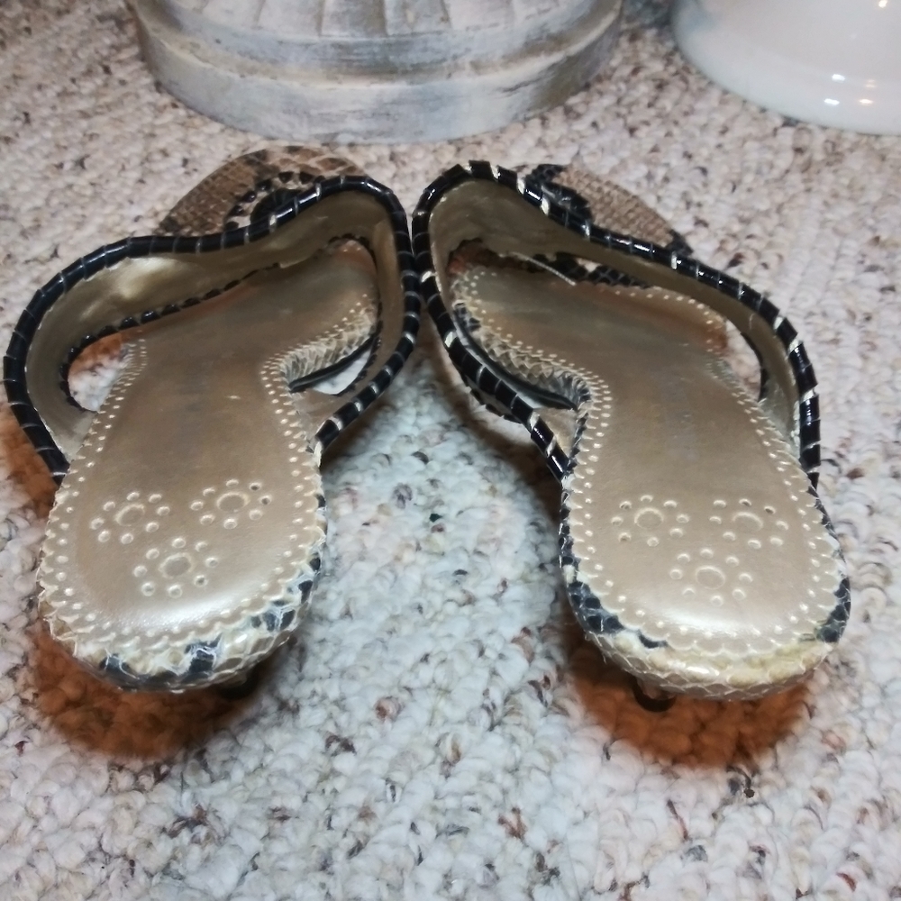 Jack Rogers Marina Black & Tan Snakeskin Kitten Heeled Thong Sandals - Picture 6 of 8